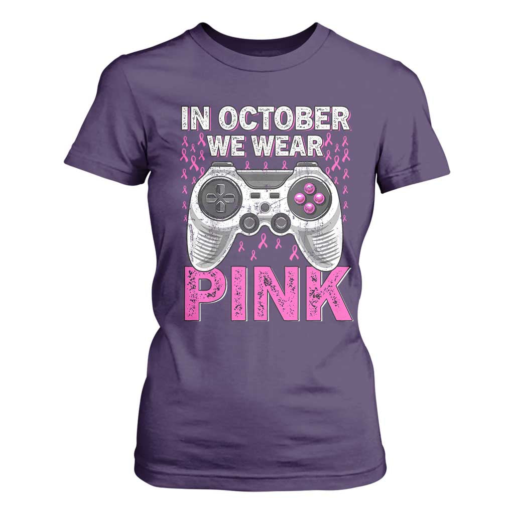 Pink Ribbon Breast Cancer Support October We Wear Pink T Shirt For Women Kids Gaming