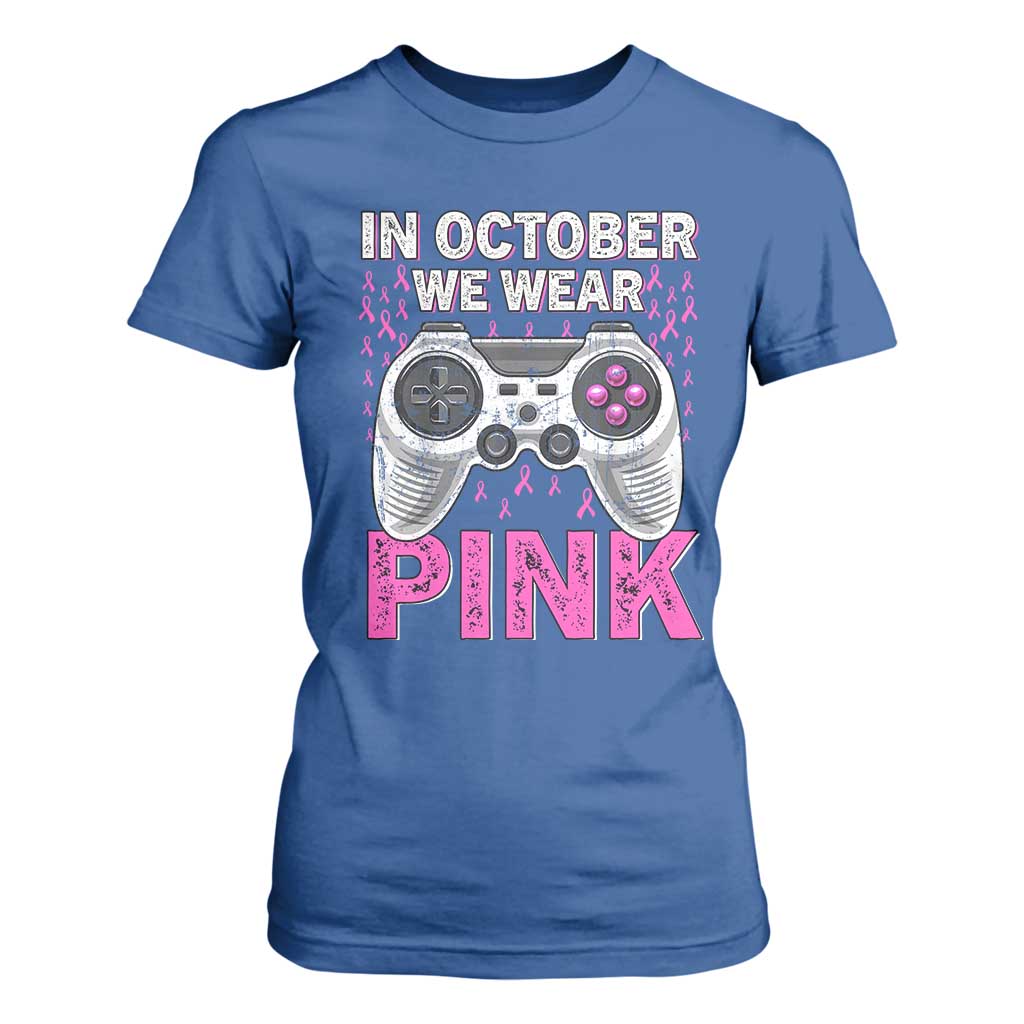 Pink Ribbon Breast Cancer Support October We Wear Pink T Shirt For Women Kids Gaming