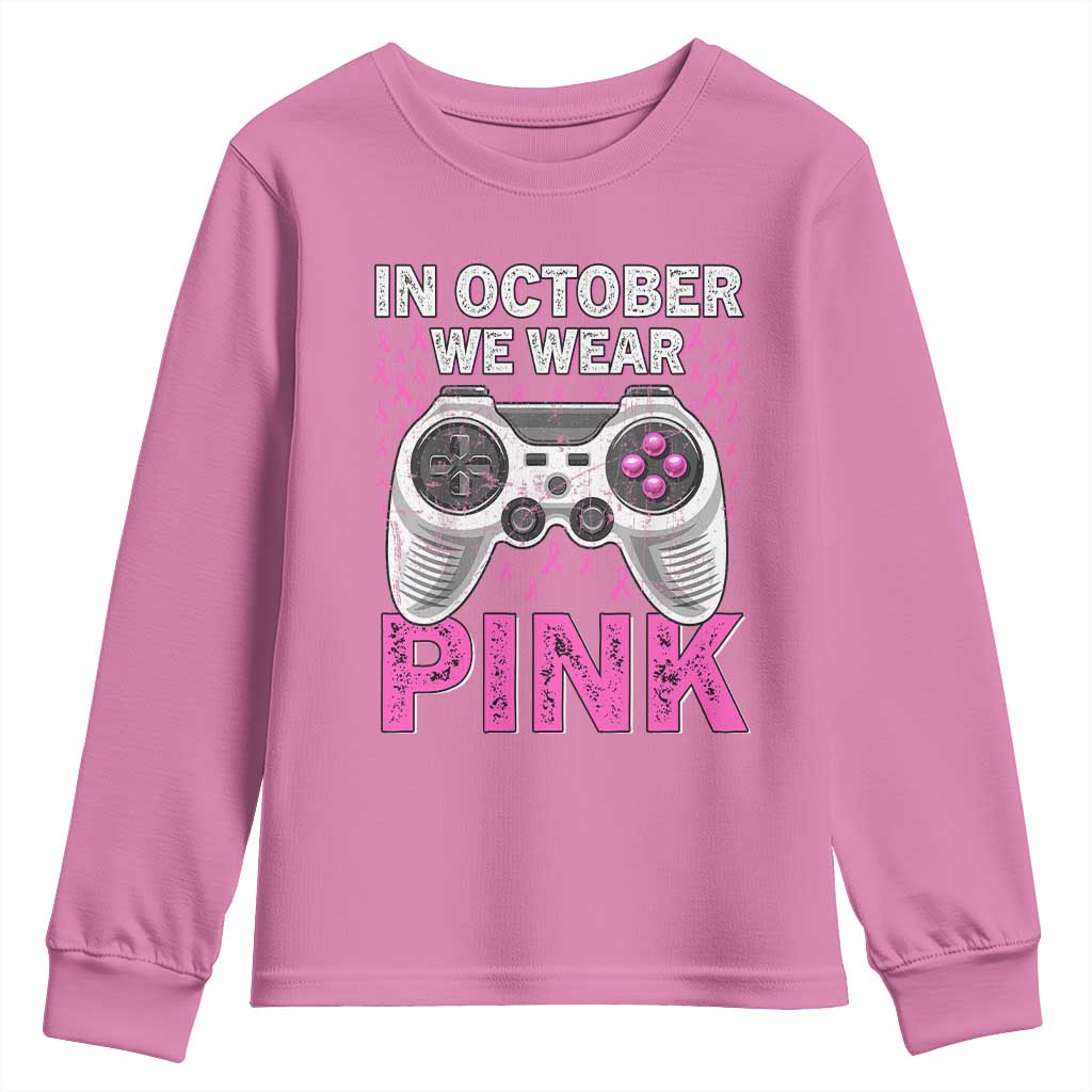 Pink Ribbon Breast Cancer Support October We Wear Pink Youth Sweatshirt Kids Gaming