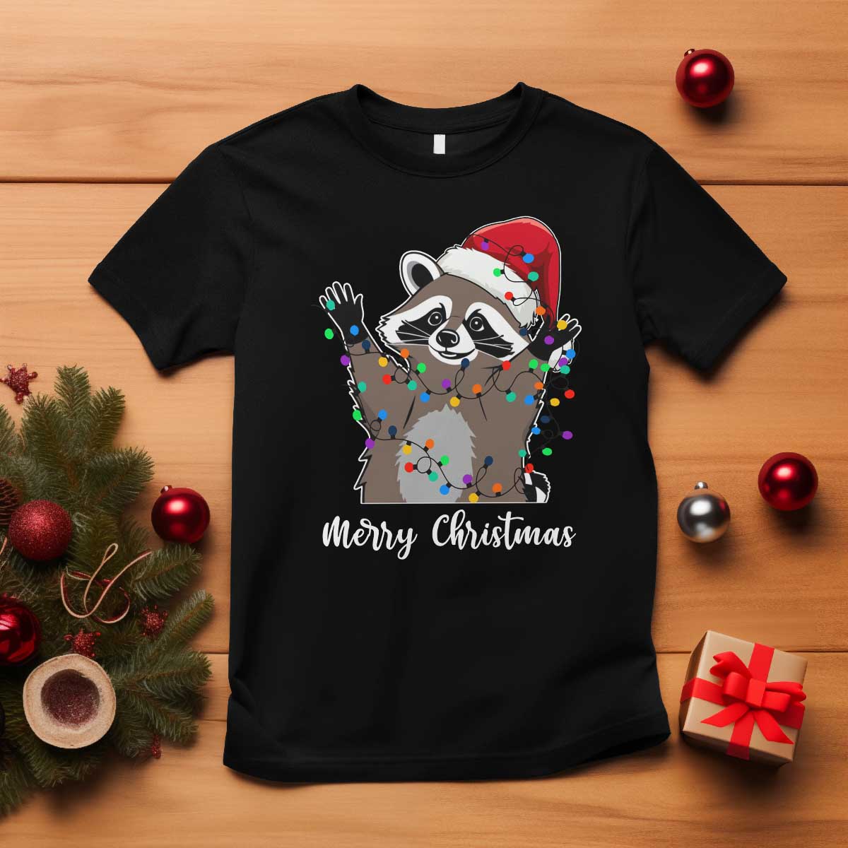 merry-christmas-raccoon-t-shirt-happy-holidays-gift-animal-xmas-lights-red-santa-hat