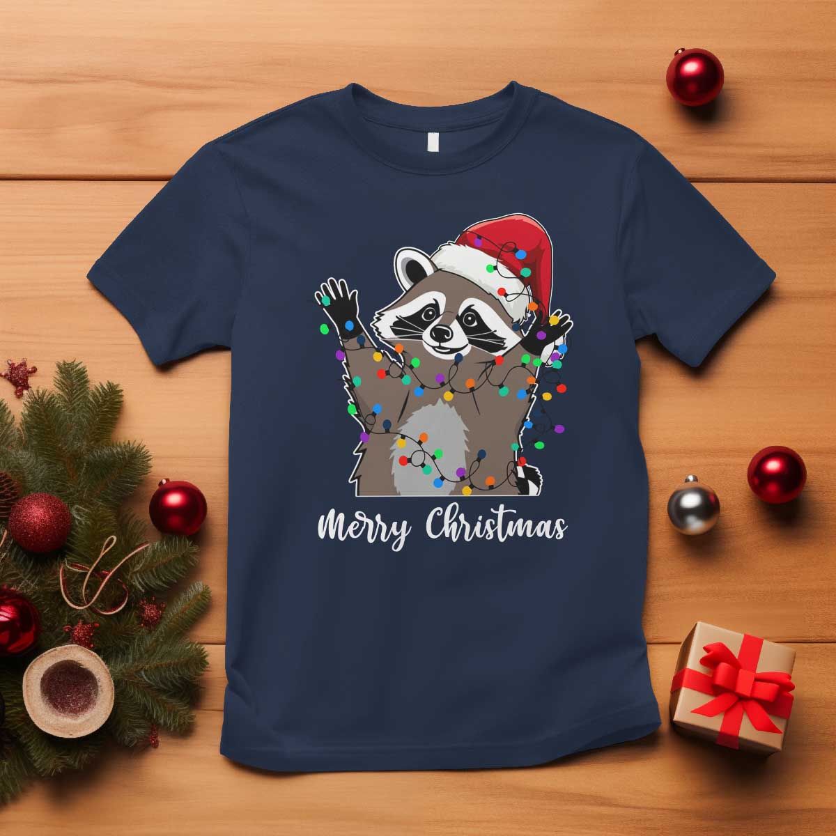 merry-christmas-raccoon-t-shirt-happy-holidays-gift-animal-xmas-lights-red-santa-hat