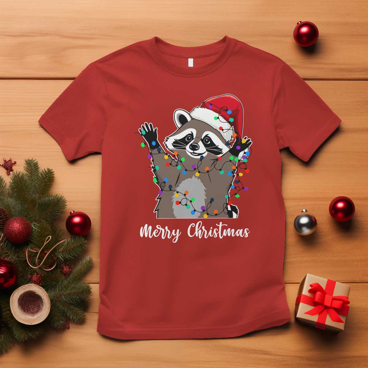 merry-christmas-raccoon-t-shirt-happy-holidays-gift-animal-xmas-lights-red-santa-hat