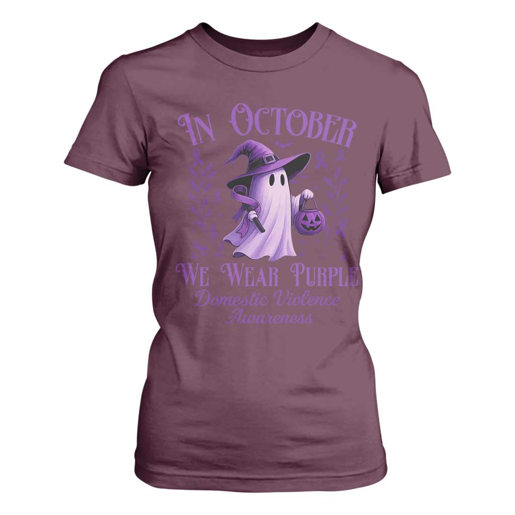 Domestic Violence Prevention T Shirt For Women Halloween October Wear Purple Ghost Support Squad