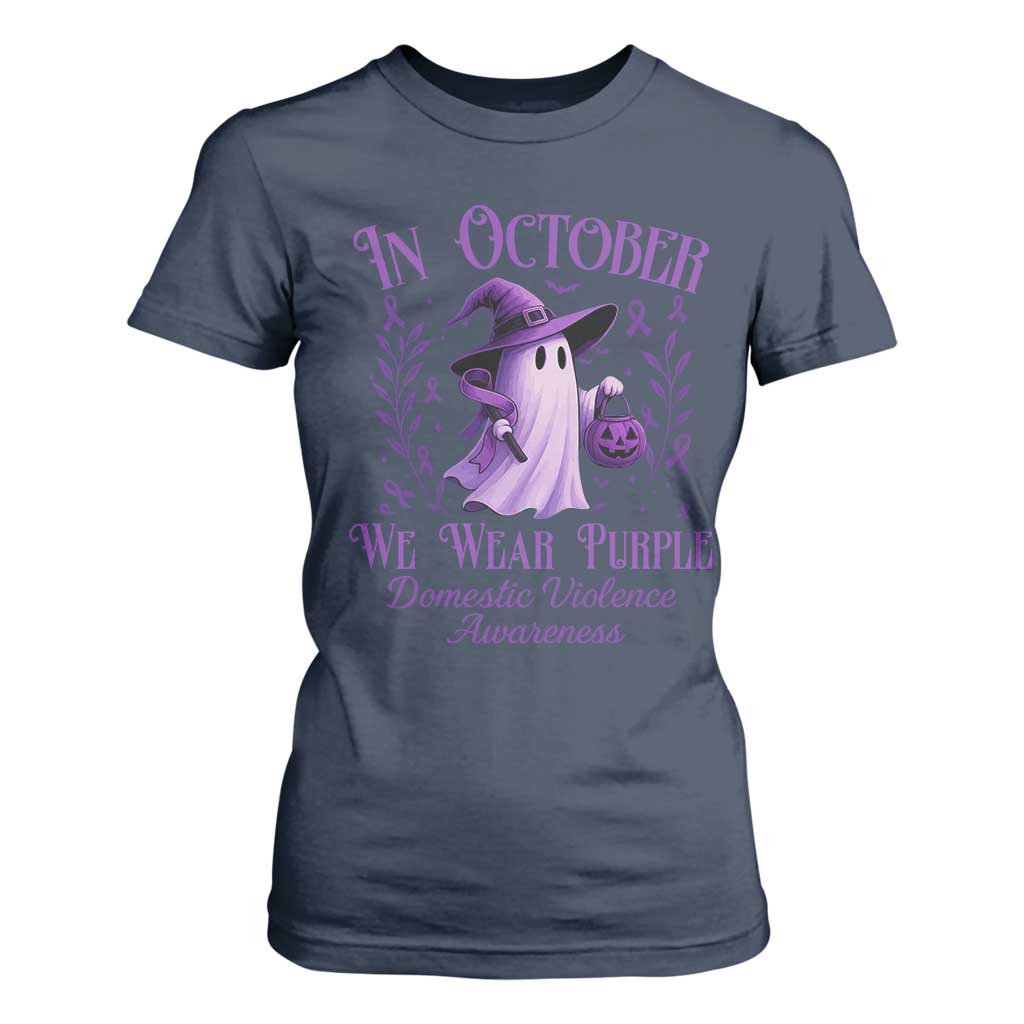 Domestic Violence Prevention T Shirt For Women Halloween October Wear Purple Ghost Support Squad