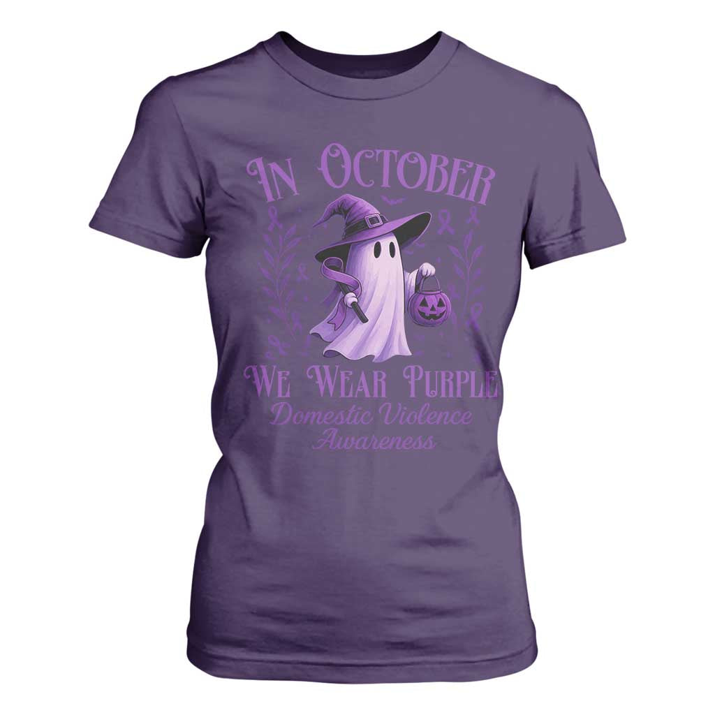 Domestic Violence Prevention T Shirt For Women Halloween October Wear Purple Ghost Support Squad