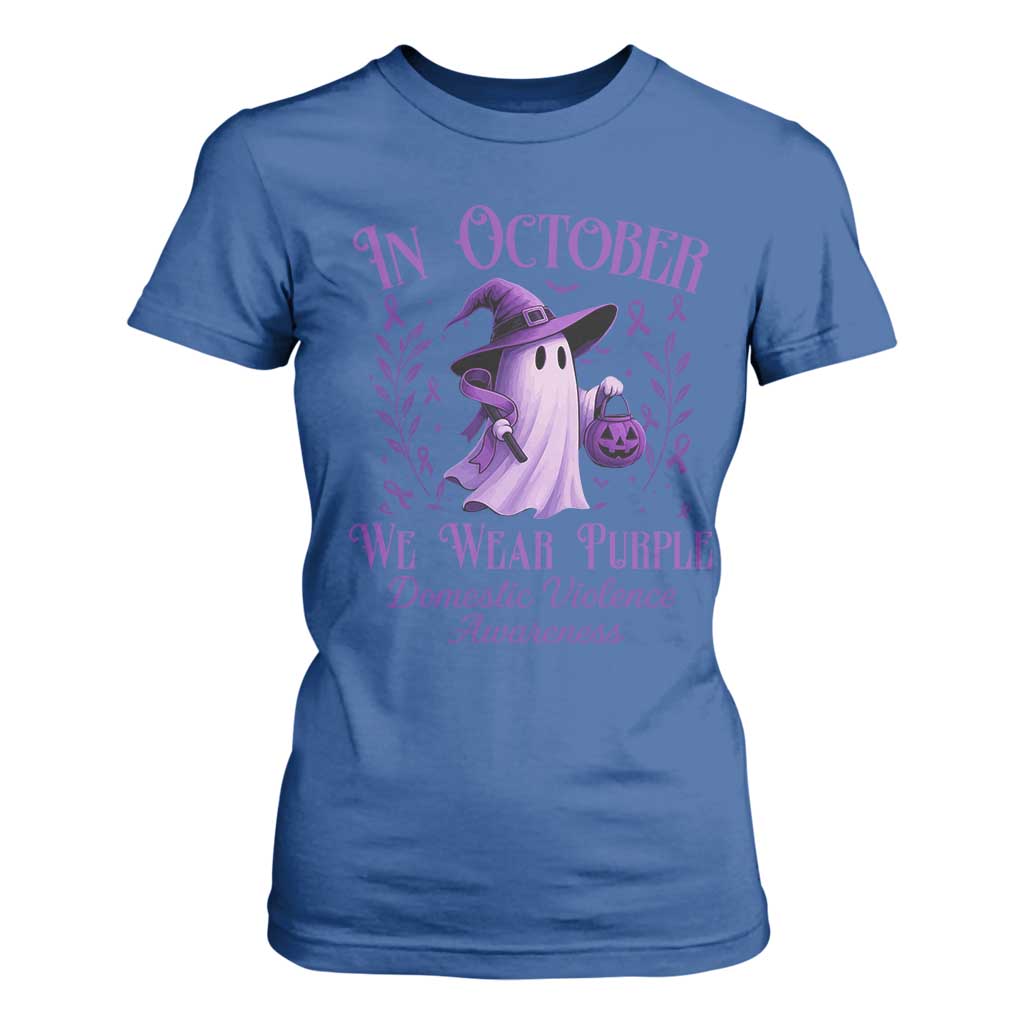 Domestic Violence Prevention T Shirt For Women Halloween October Wear Purple Ghost Support Squad