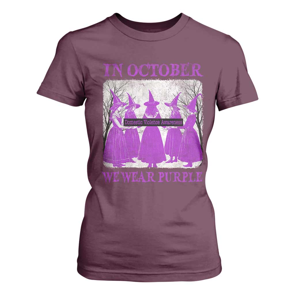 Retro In October We Wear Purple Witch Domestic Violence Support T Shirt For Women