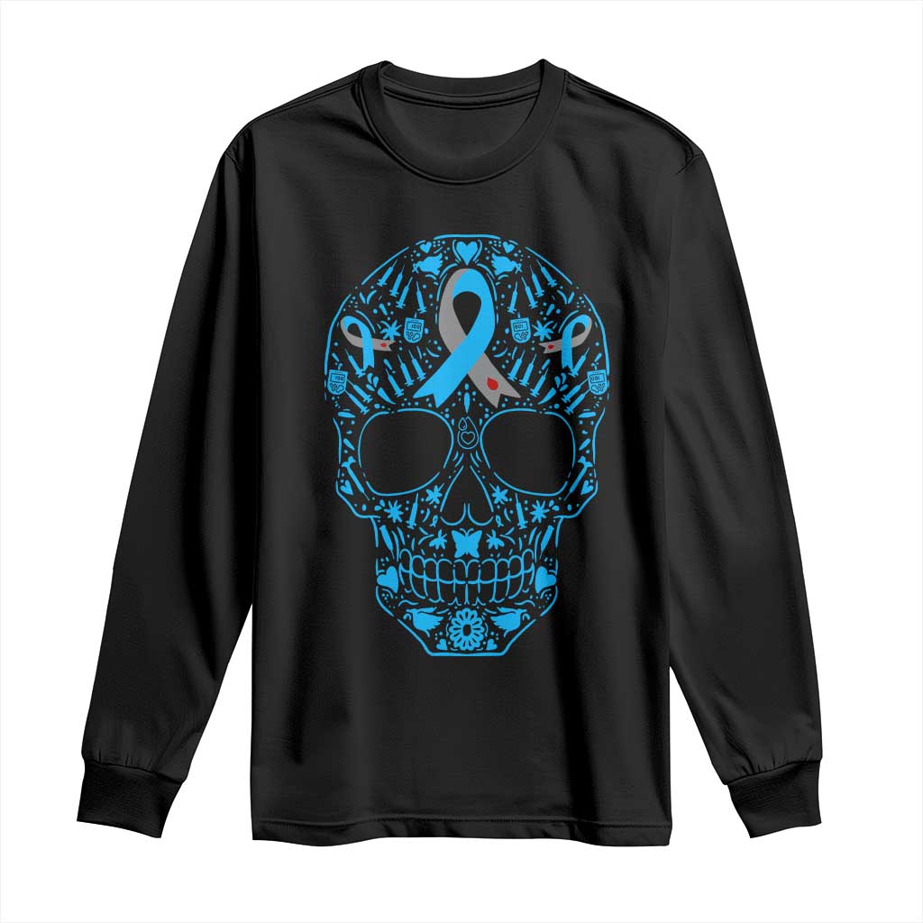 Diabetes Skull Long Sleeve Shirt Blue Ribbon T1D Support Sugar Skull