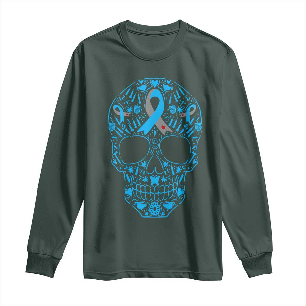 Diabetes Skull Long Sleeve Shirt Blue Ribbon T1D Support Sugar Skull