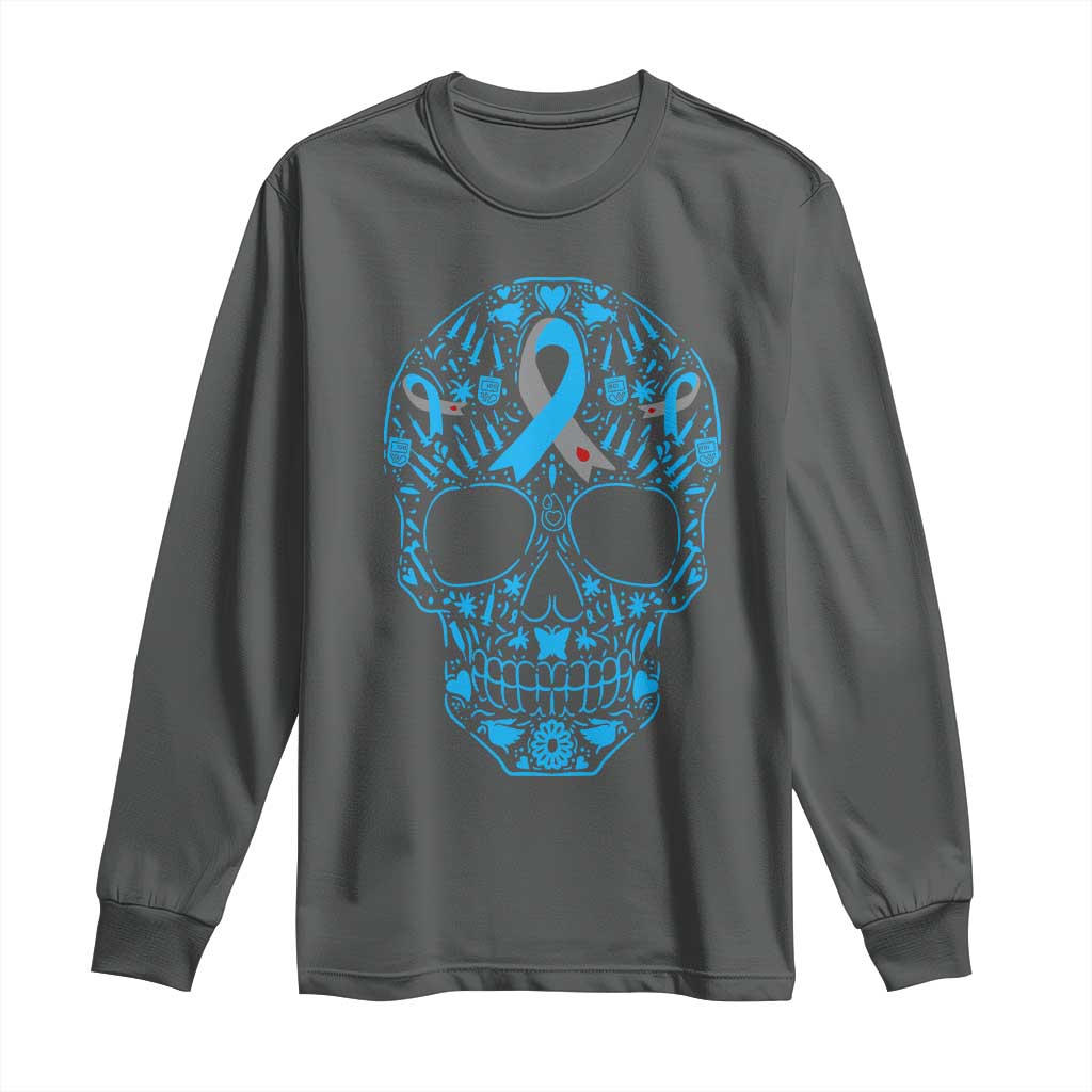 Diabetes Skull Long Sleeve Shirt Blue Ribbon T1D Support Sugar Skull