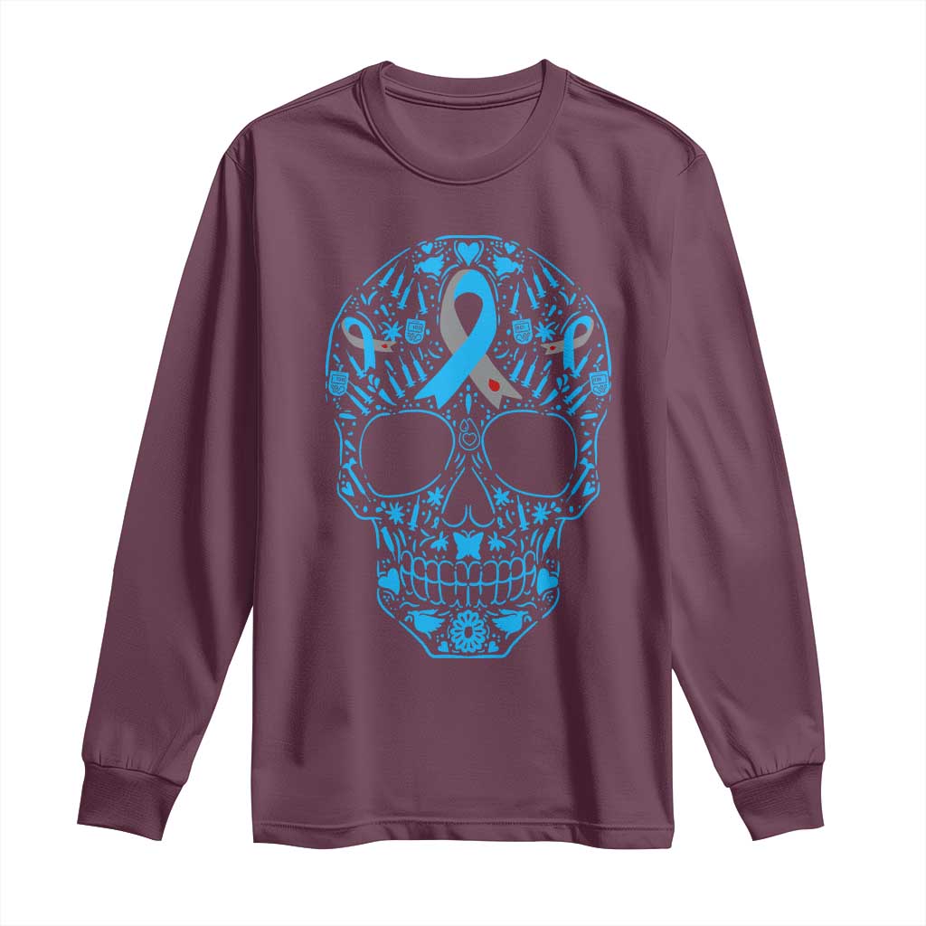 Diabetes Skull Long Sleeve Shirt Blue Ribbon T1D Support Sugar Skull