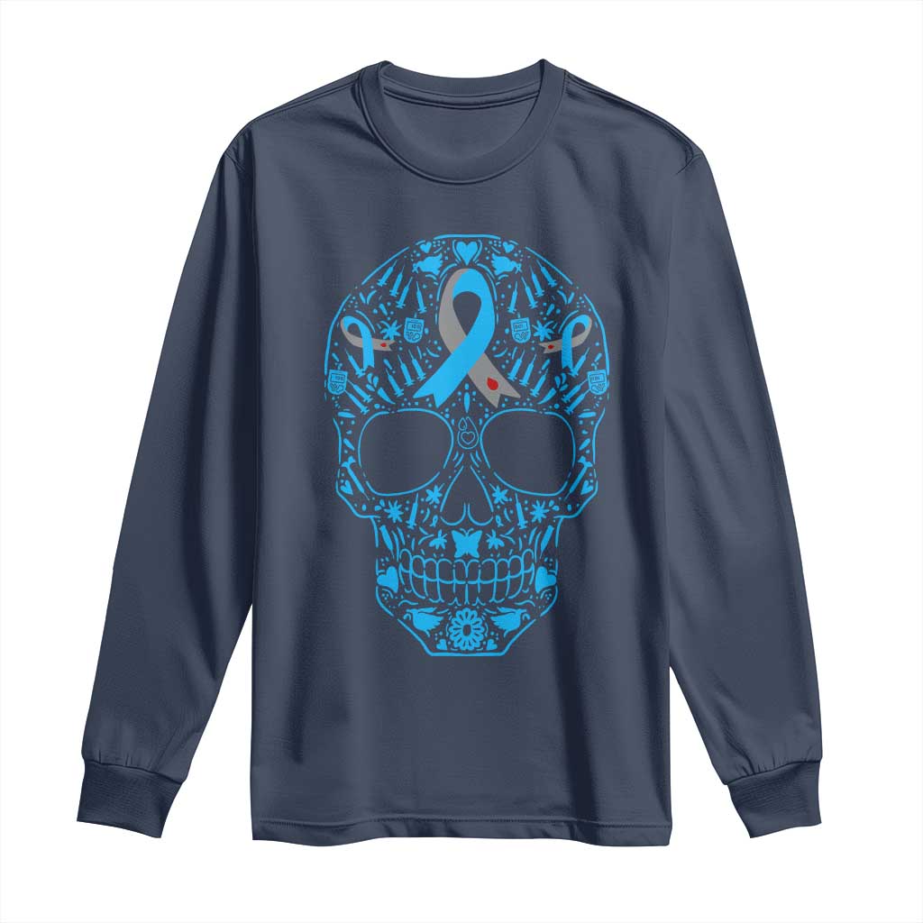 Diabetes Skull Long Sleeve Shirt Blue Ribbon T1D Support Sugar Skull