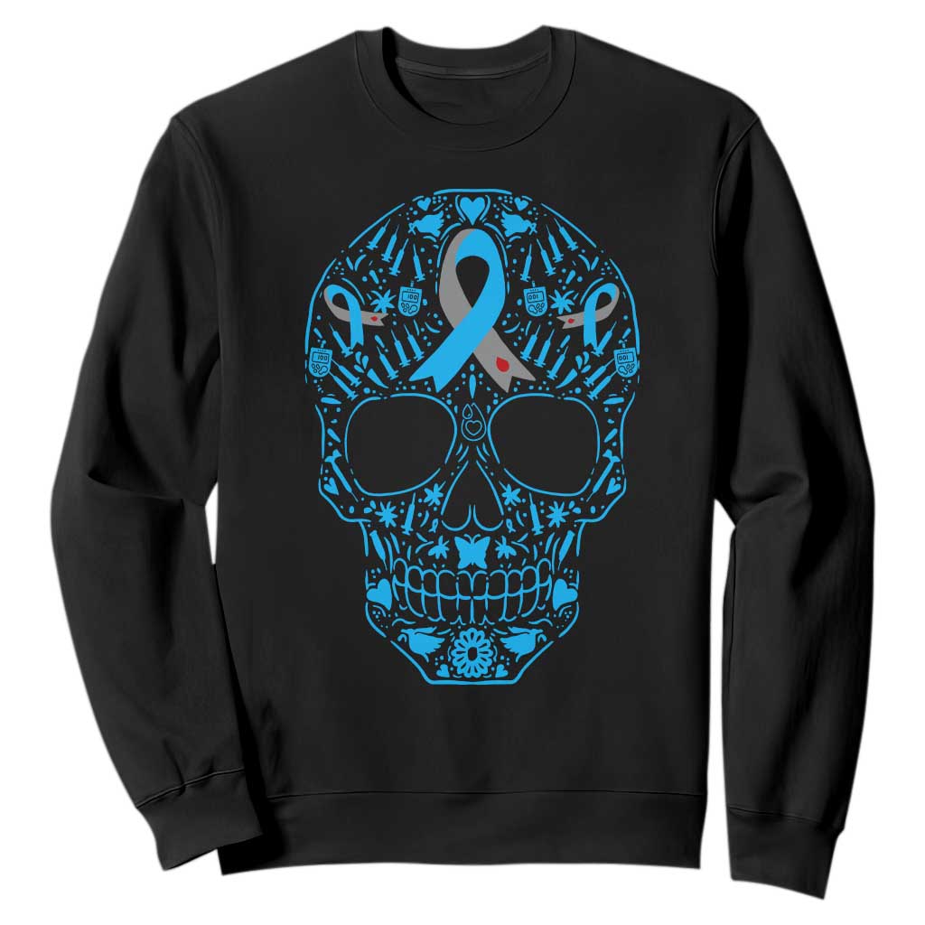 Diabetes Skull Sweatshirt Blue Ribbon T1D Support Sugar Skull