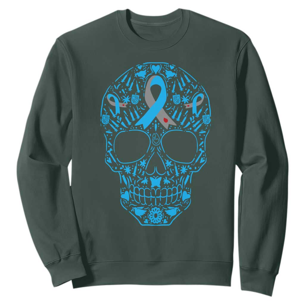 Diabetes Skull Sweatshirt Blue Ribbon T1D Support Sugar Skull