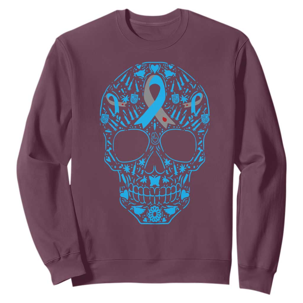 Diabetes Skull Sweatshirt Blue Ribbon T1D Support Sugar Skull
