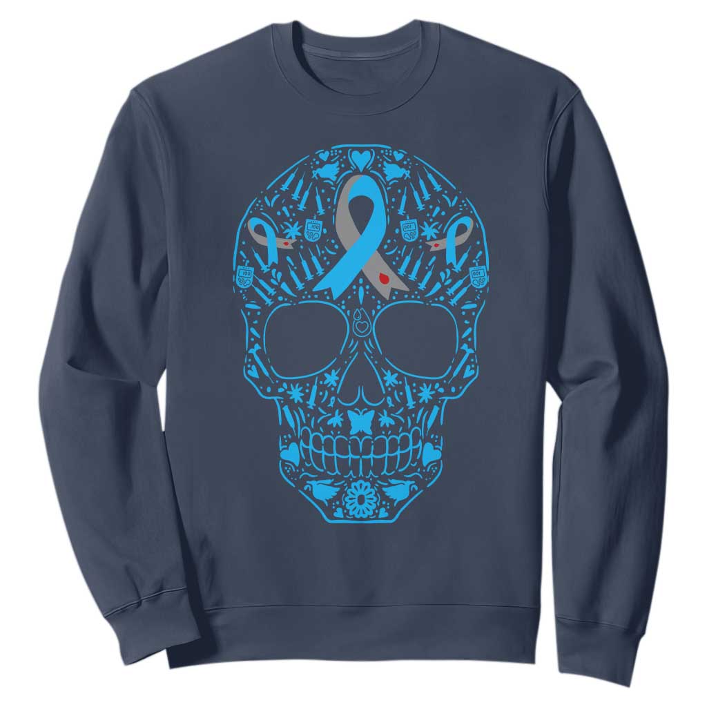 Diabetes Skull Sweatshirt Blue Ribbon T1D Support Sugar Skull