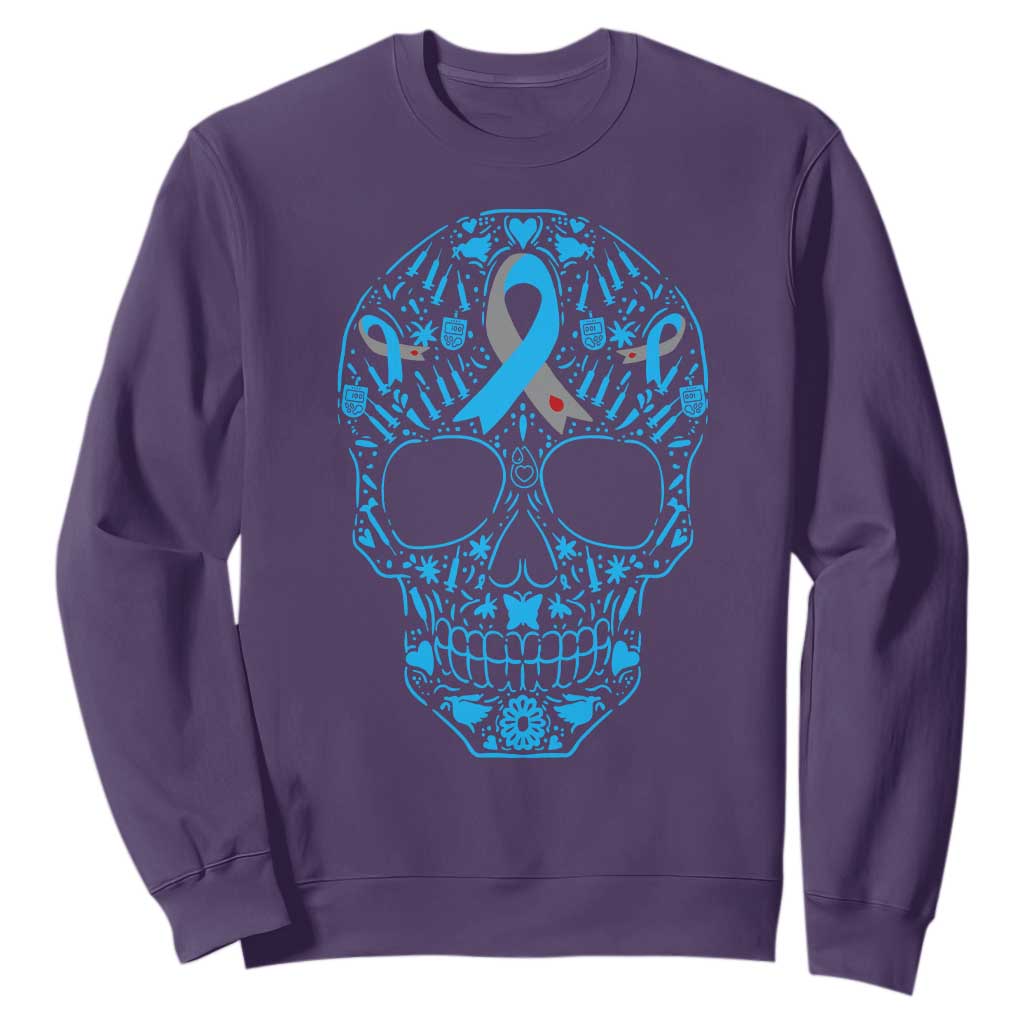 Diabetes Skull Sweatshirt Blue Ribbon T1D Support Sugar Skull