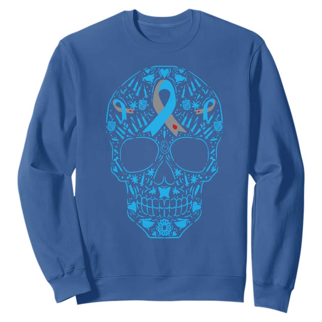 Diabetes Skull Sweatshirt Blue Ribbon T1D Support Sugar Skull