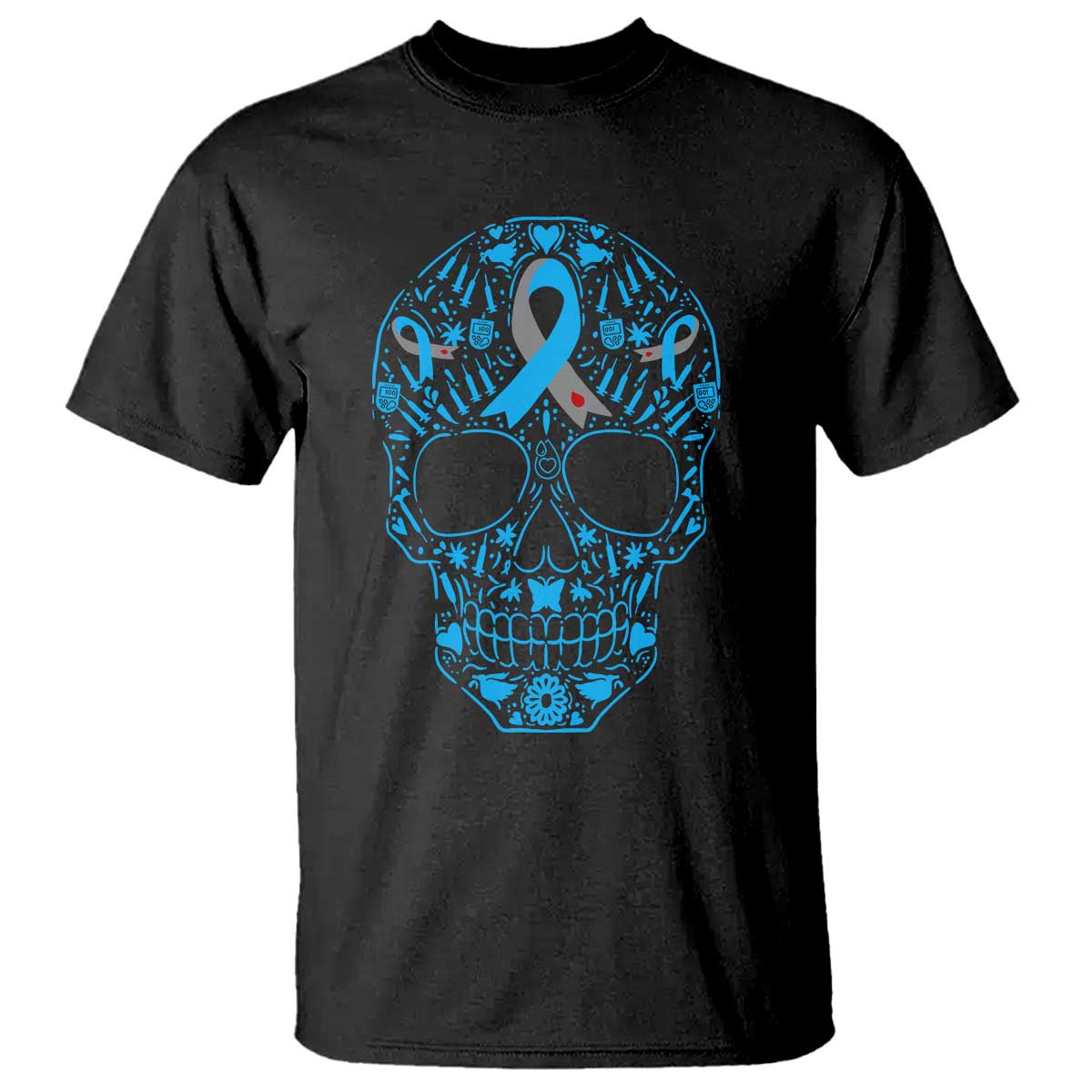 Diabetes Skull T Shirt Blue Ribbon T1D Support Sugar Skull