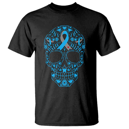 Diabetes Skull T Shirt Blue Ribbon T1D Support Sugar Skull