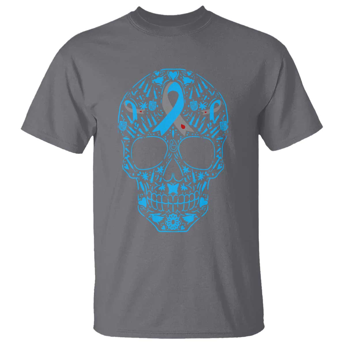 Diabetes Skull T Shirt Blue Ribbon T1D Support Sugar Skull