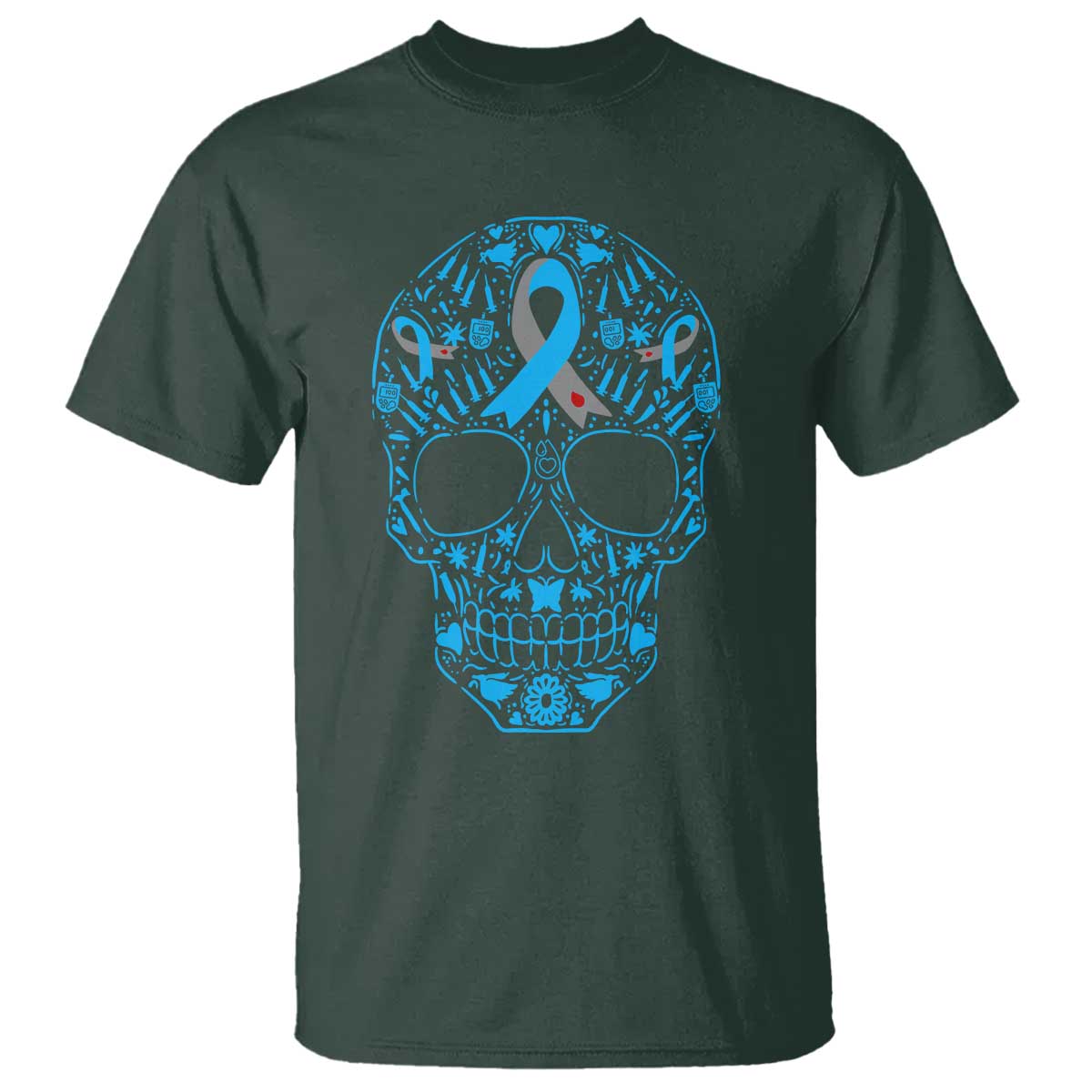 Diabetes Skull T Shirt Blue Ribbon T1D Support Sugar Skull