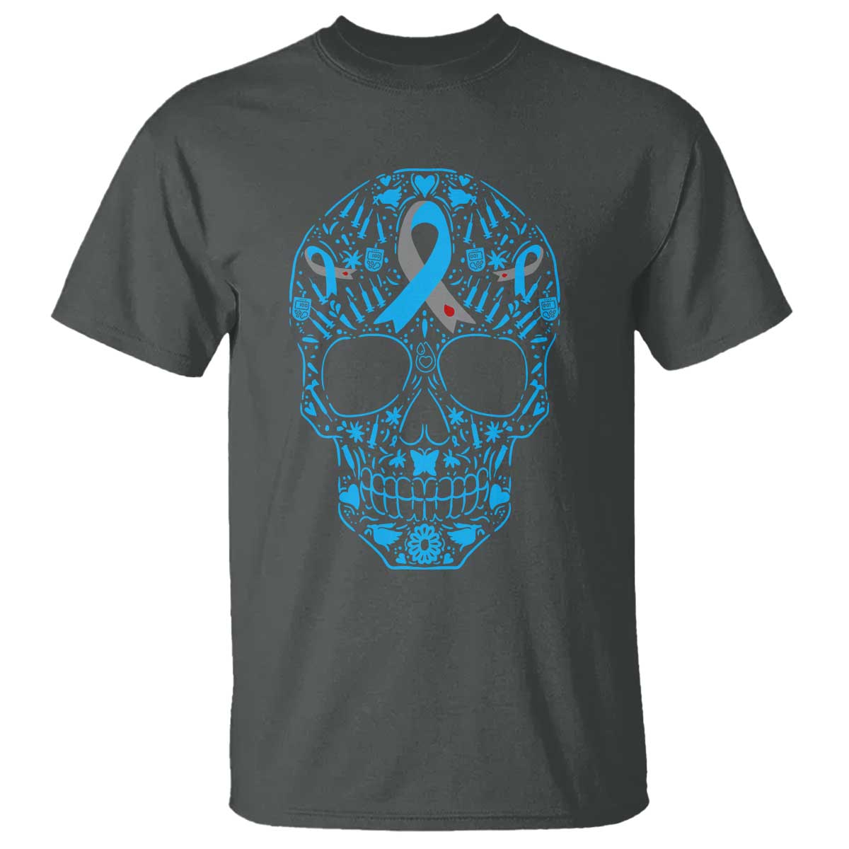 Diabetes Skull T Shirt Blue Ribbon T1D Support Sugar Skull