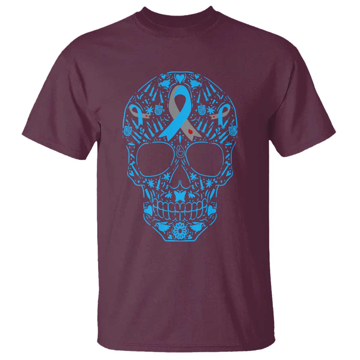 Diabetes Skull T Shirt Blue Ribbon T1D Support Sugar Skull