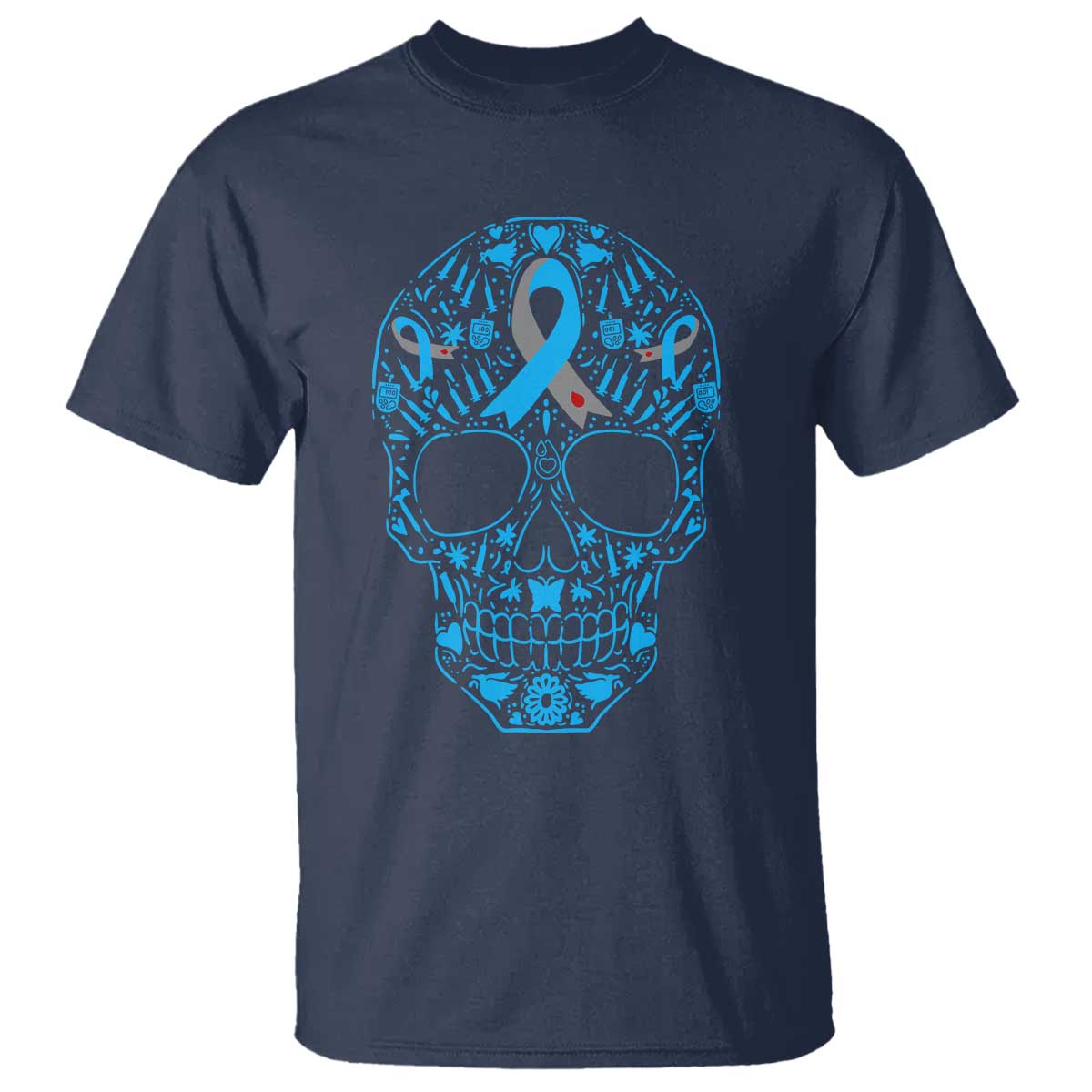 Diabetes Skull T Shirt Blue Ribbon T1D Support Sugar Skull