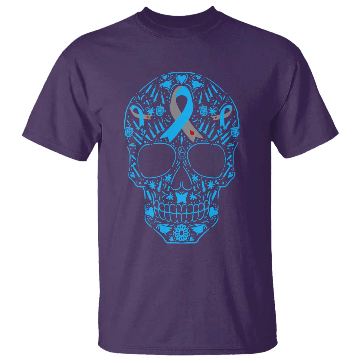 Diabetes Skull T Shirt Blue Ribbon T1D Support Sugar Skull