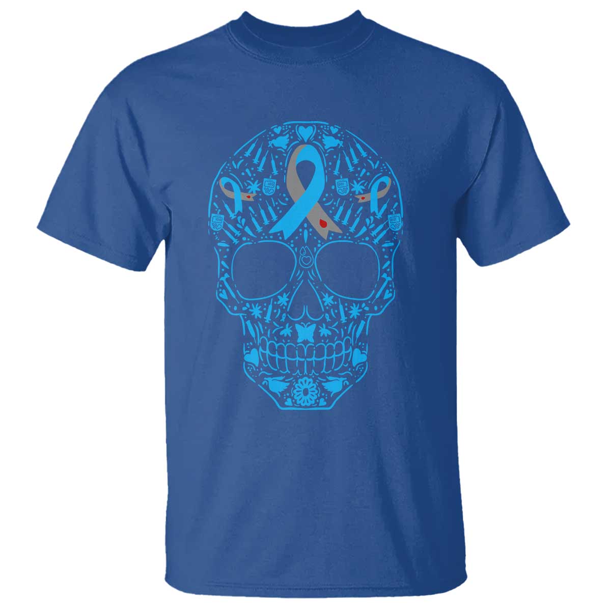Diabetes Skull T Shirt Blue Ribbon T1D Support Sugar Skull