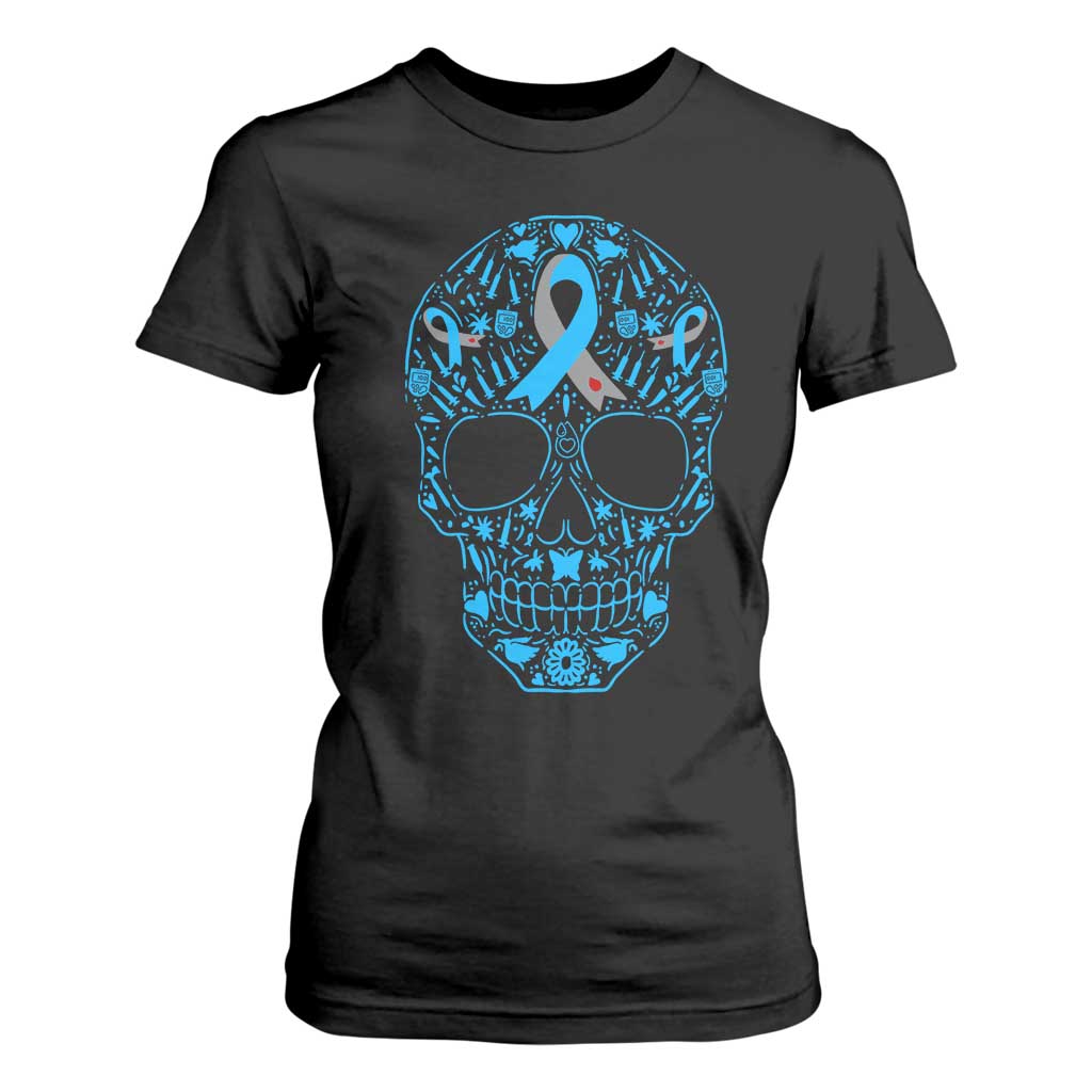 Diabetes Skull T Shirt For Women Blue Ribbon T1D Support Sugar Skull
