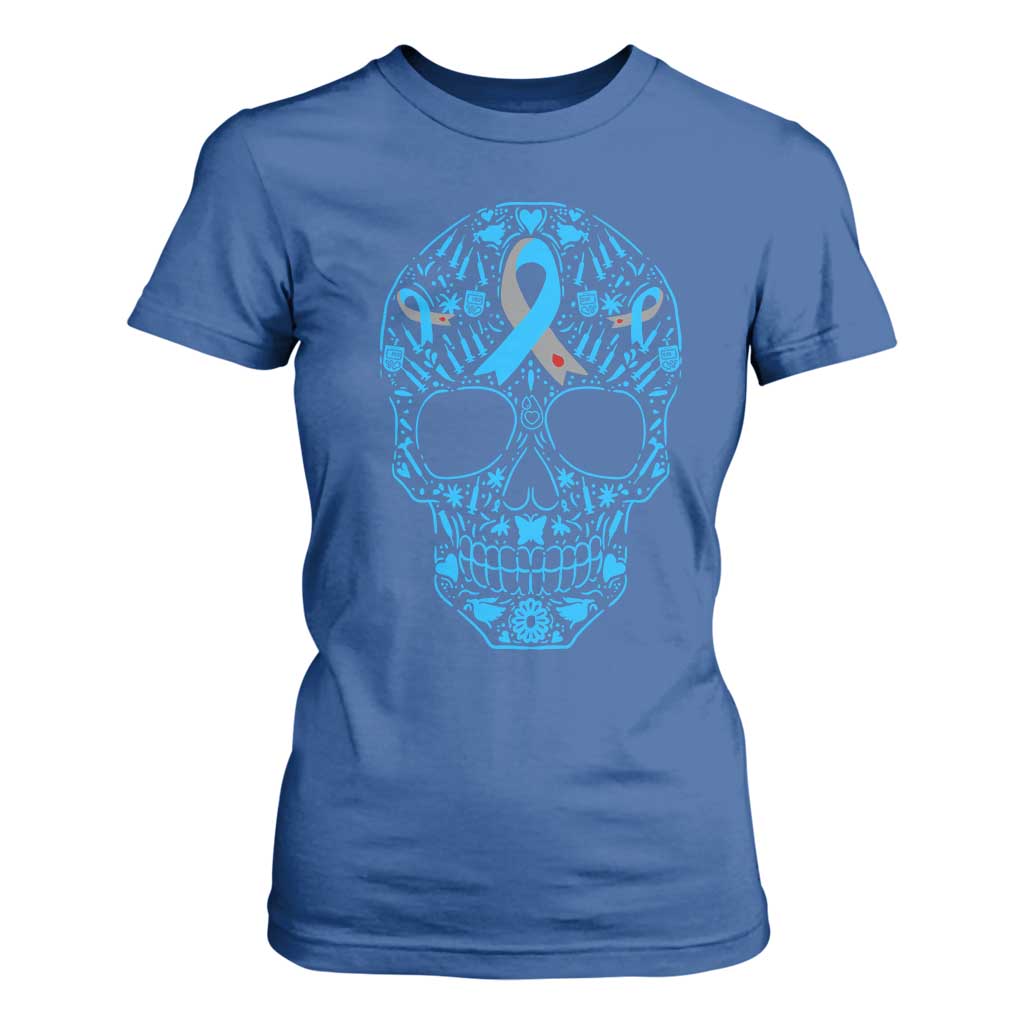 Diabetes Skull T Shirt For Women Blue Ribbon T1D Support Sugar Skull