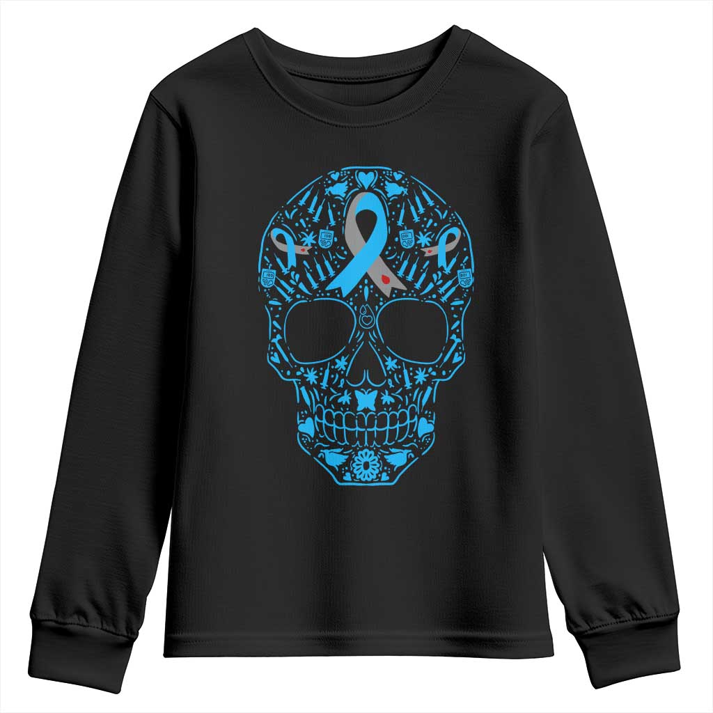 Diabetes Skull Youth Sweatshirt Blue Ribbon T1D Support Sugar Skull
