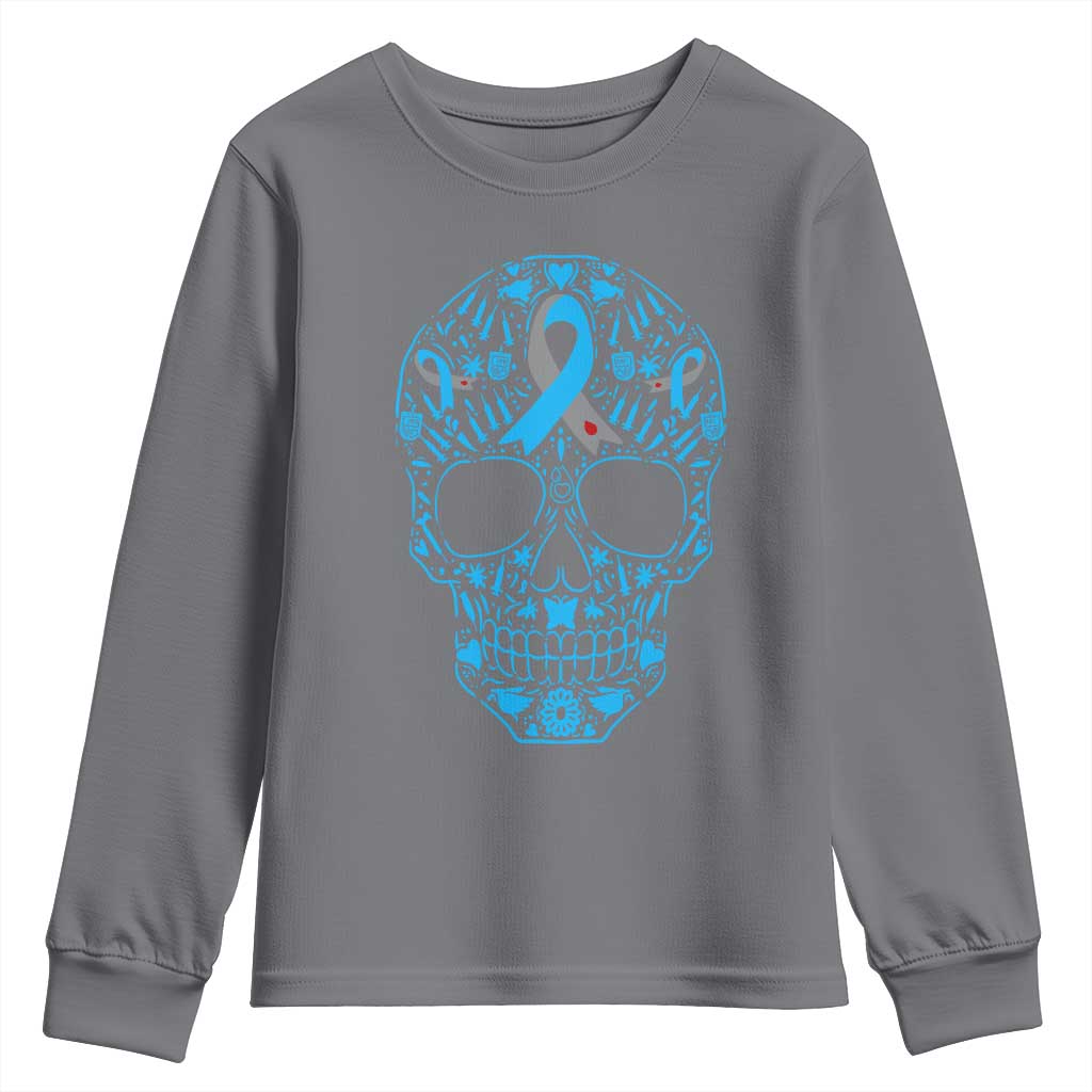 Diabetes Skull Youth Sweatshirt Blue Ribbon T1D Support Sugar Skull