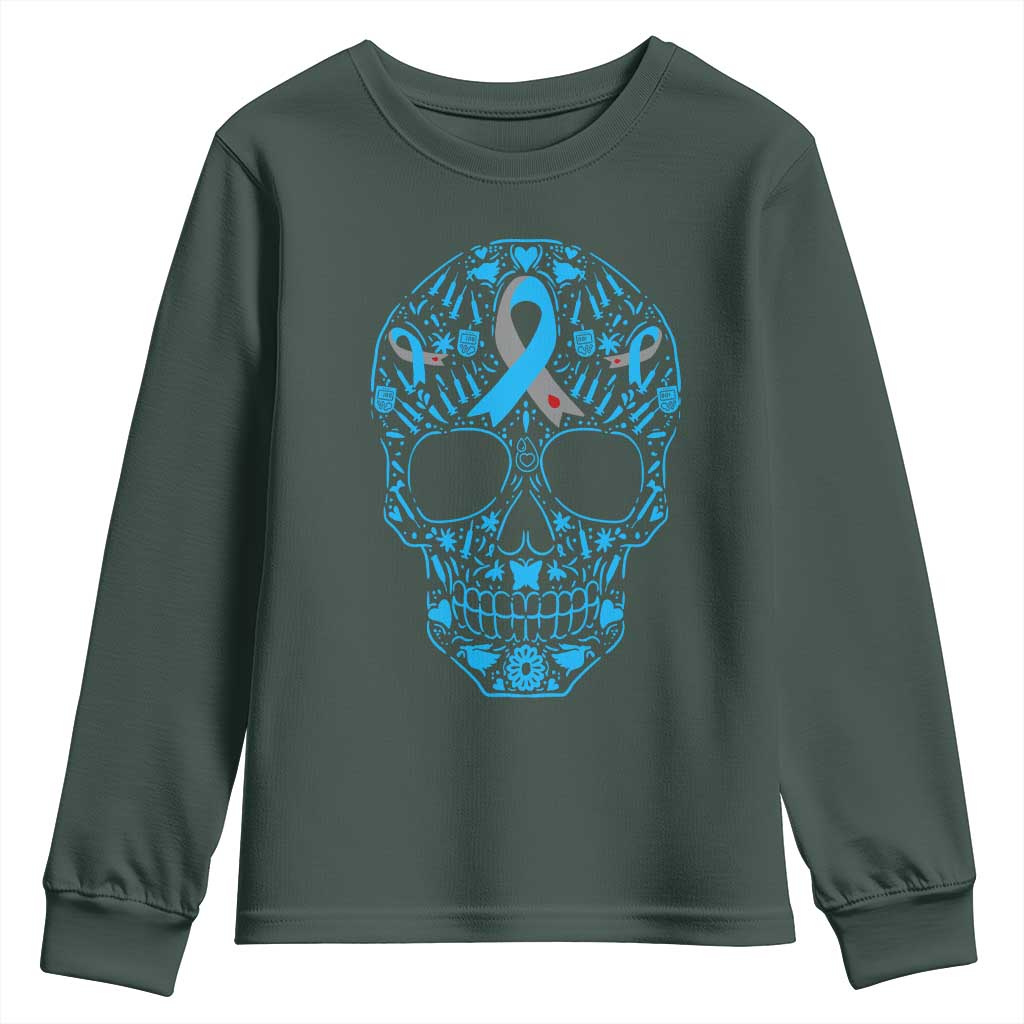Diabetes Skull Youth Sweatshirt Blue Ribbon T1D Support Sugar Skull