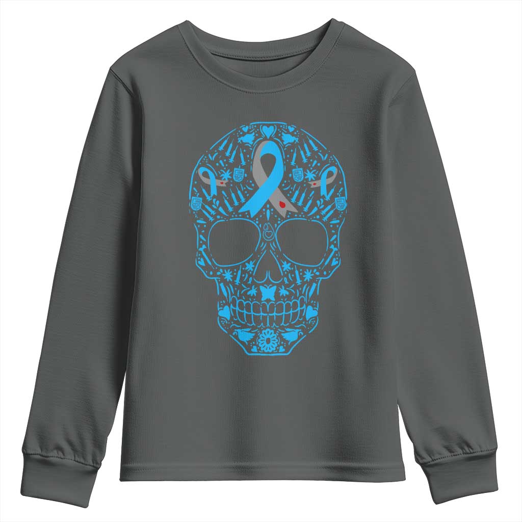 Diabetes Skull Youth Sweatshirt Blue Ribbon T1D Support Sugar Skull