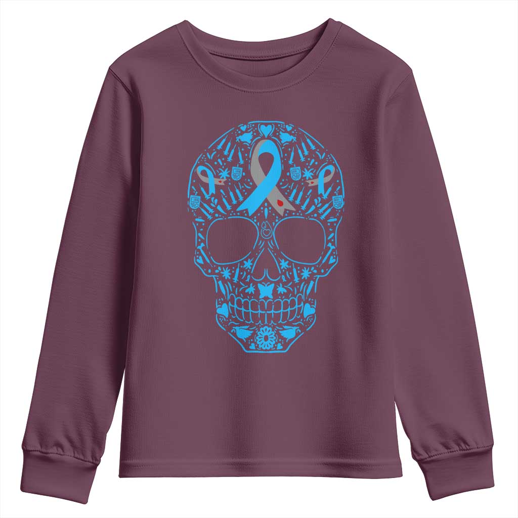 Diabetes Skull Youth Sweatshirt Blue Ribbon T1D Support Sugar Skull