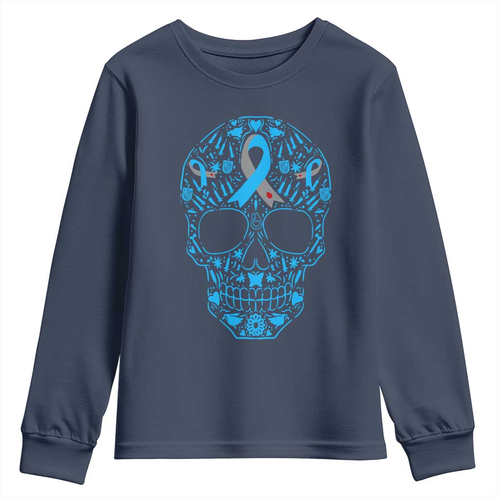 Diabetes Skull Youth Sweatshirt Blue Ribbon T1D Support Sugar Skull