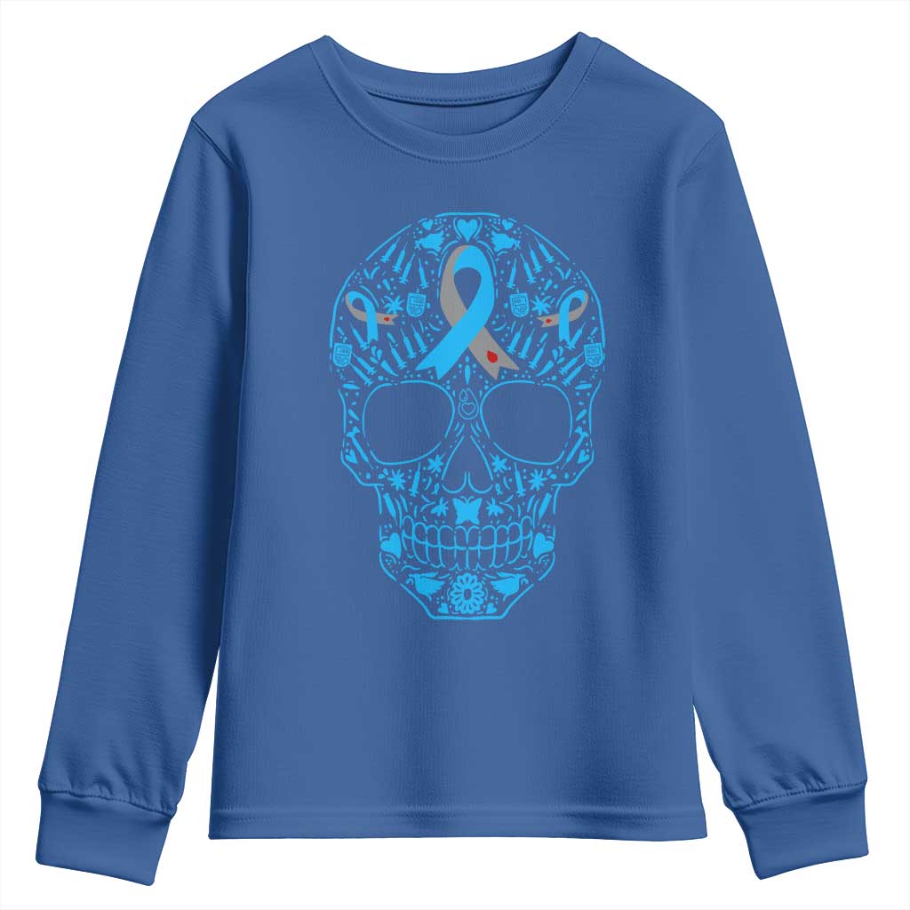 Diabetes Skull Youth Sweatshirt Blue Ribbon T1D Support Sugar Skull