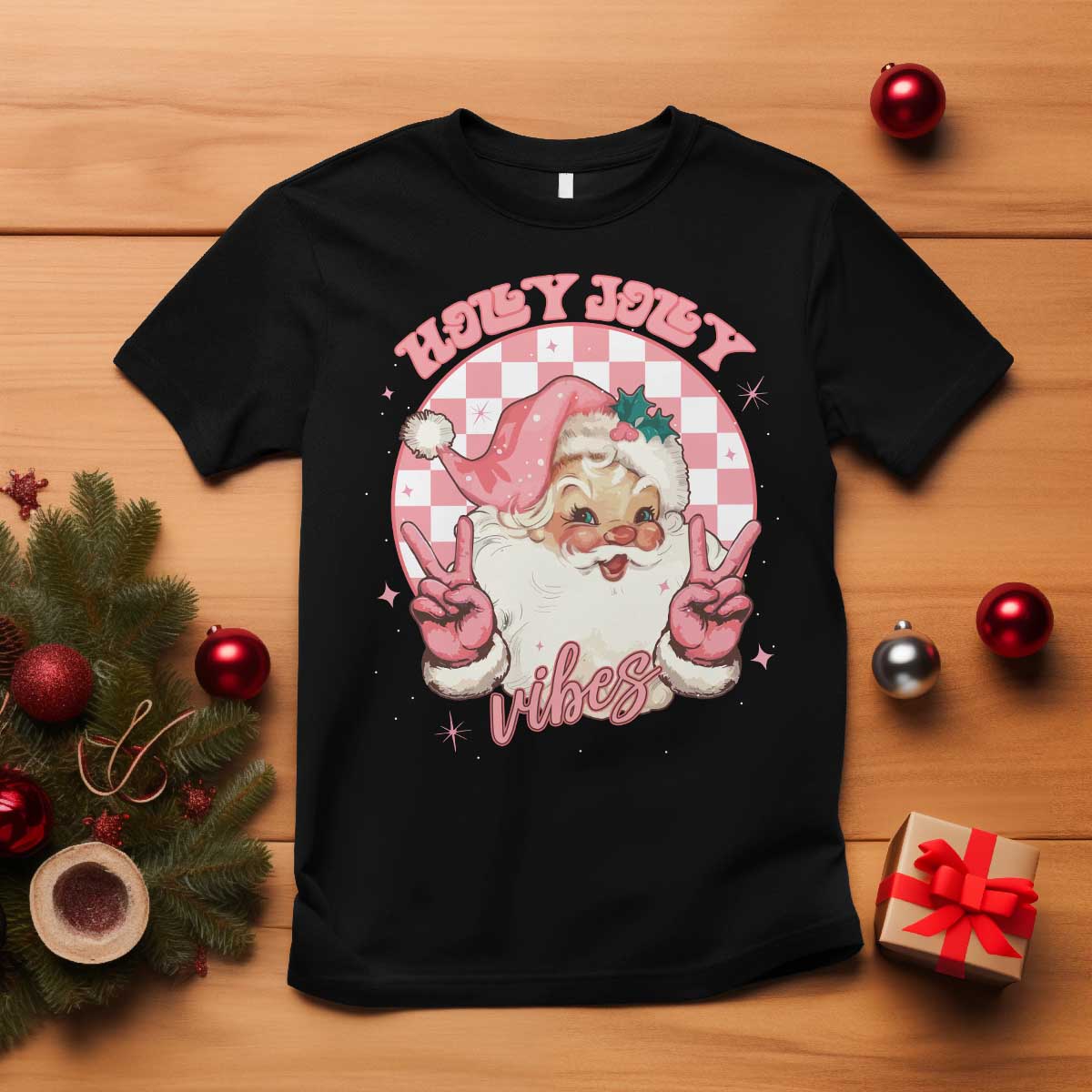 funny-christmas-t-shirt-holly-jolly-vibes-retro-pink-santa