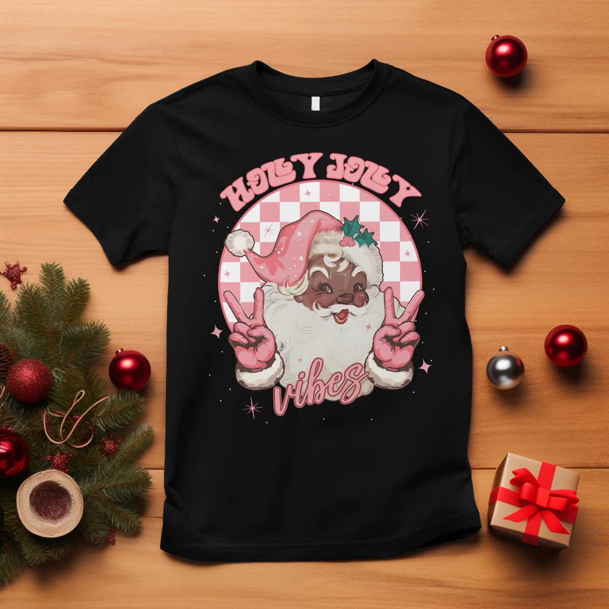 funny-pink-christmas-retro-black-santa-t-shirt-holly-jolly-vibes