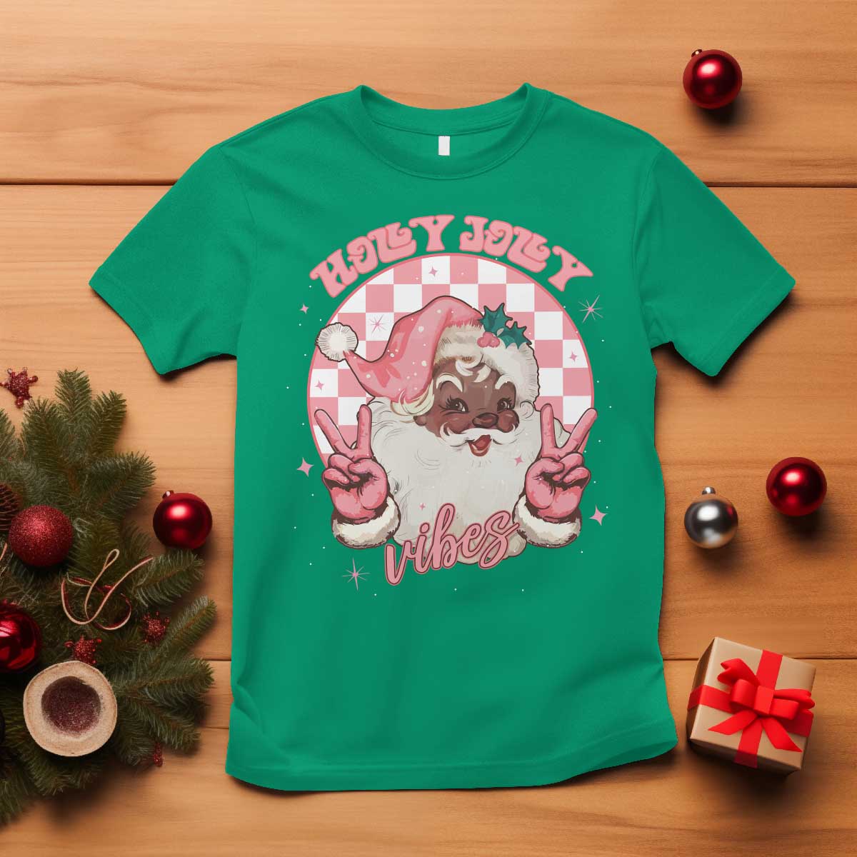 funny-pink-christmas-retro-black-santa-t-shirt-holly-jolly-vibes