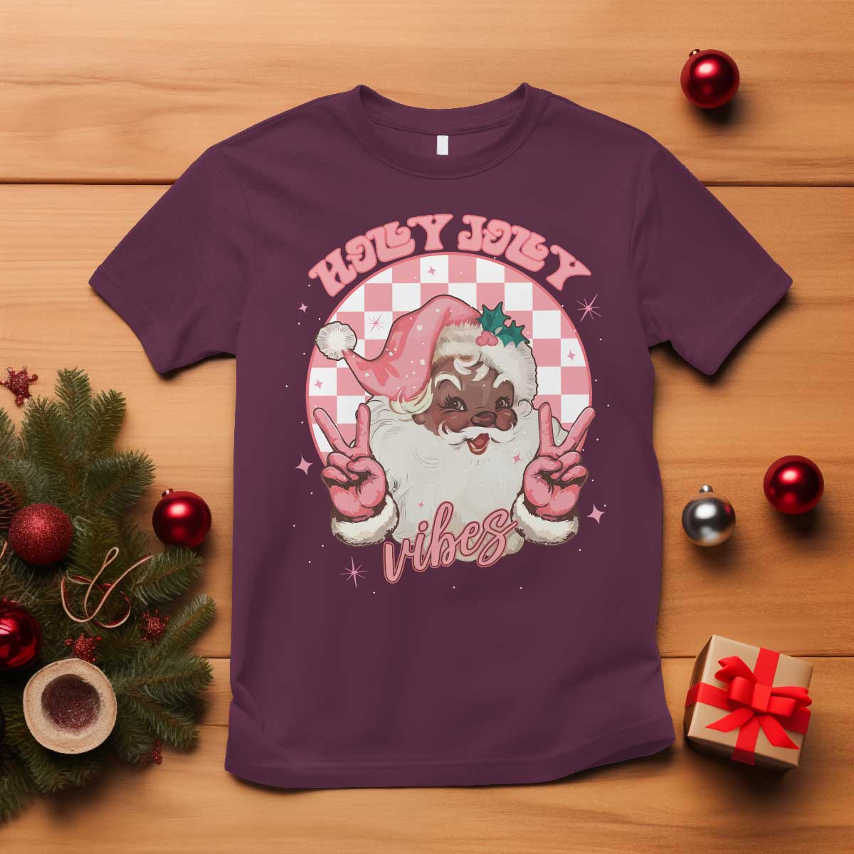funny-pink-christmas-retro-black-santa-t-shirt-holly-jolly-vibes
