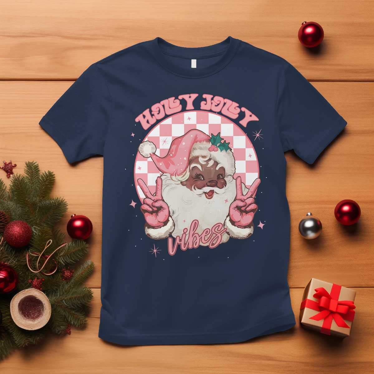 funny-pink-christmas-retro-black-santa-t-shirt-holly-jolly-vibes