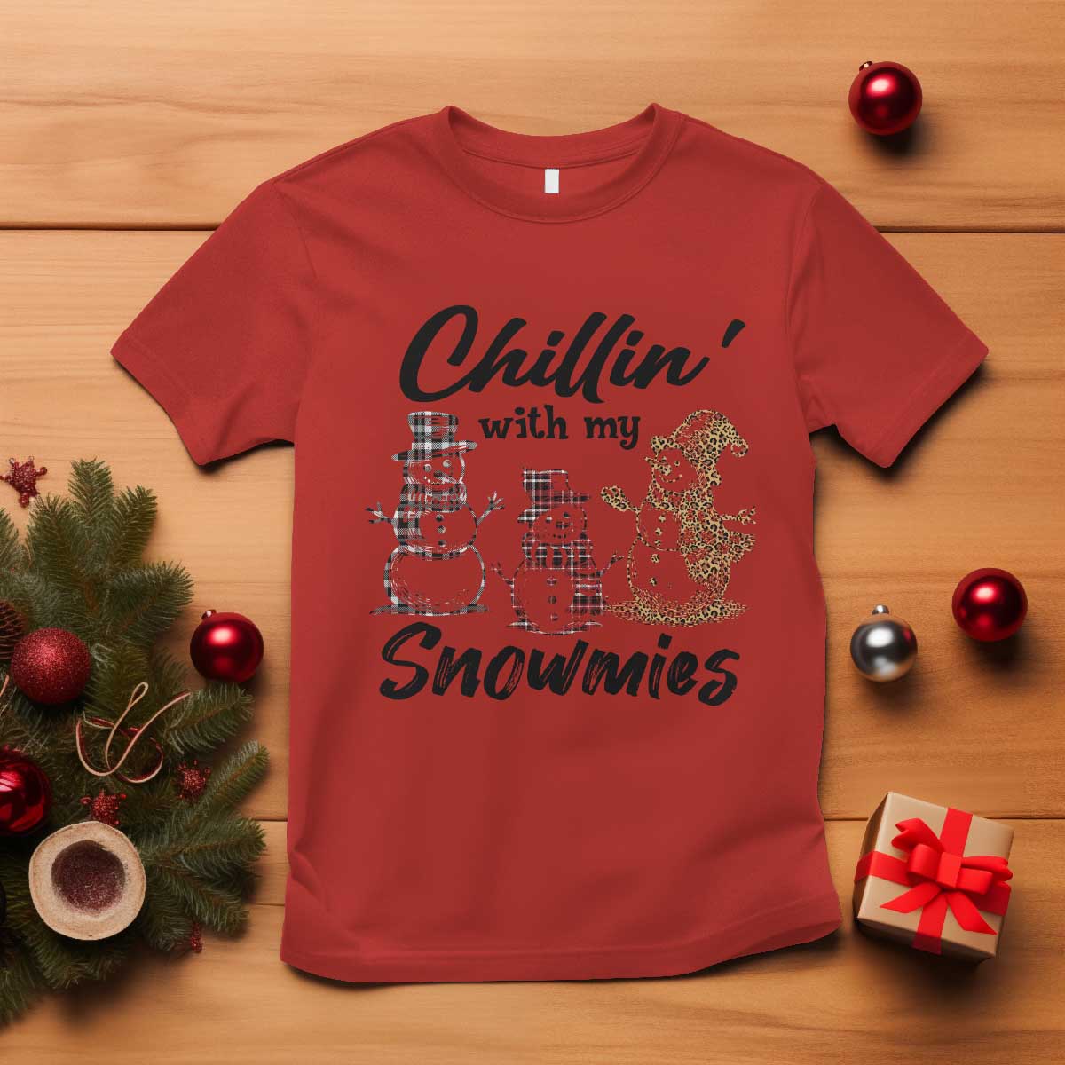 funny-christmas-t-shirt-chilln-with-my-snowmies-plaid-snowman