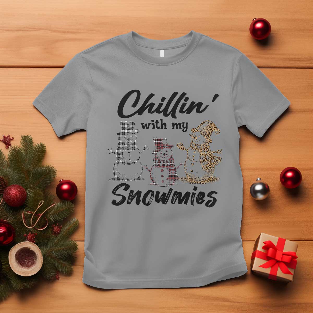 funny-christmas-t-shirt-chilln-with-my-snowmies-plaid-snowman
