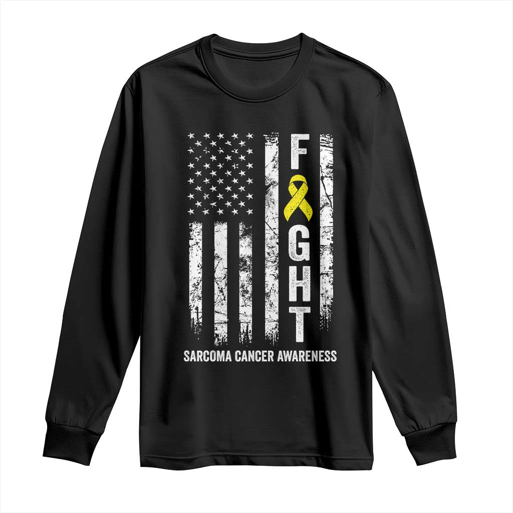 Fight Sarcoma Cancer Support Long Sleeve Shirt Yellow Ribbon Vintage American Flag