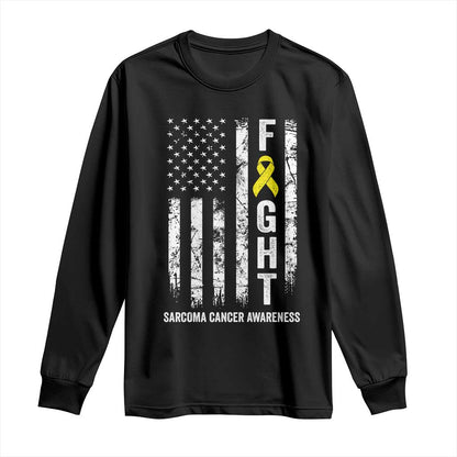 Fight Sarcoma Cancer Support Long Sleeve Shirt Yellow Ribbon Vintage American Flag