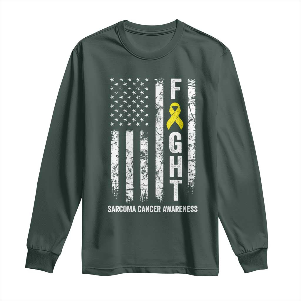 Fight Sarcoma Cancer Support Long Sleeve Shirt Yellow Ribbon Vintage American Flag